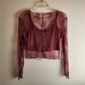 MIOU MUSE Y2K 90's Red Sheer Lace Long Sleeve Top Spaghetti Strap Camisole Small